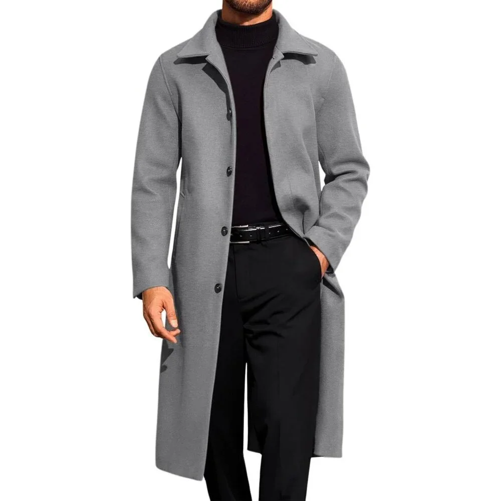 Men's Grey Long Trench Coat Single Breasted Casual Fall Winter Warm Pea Coat